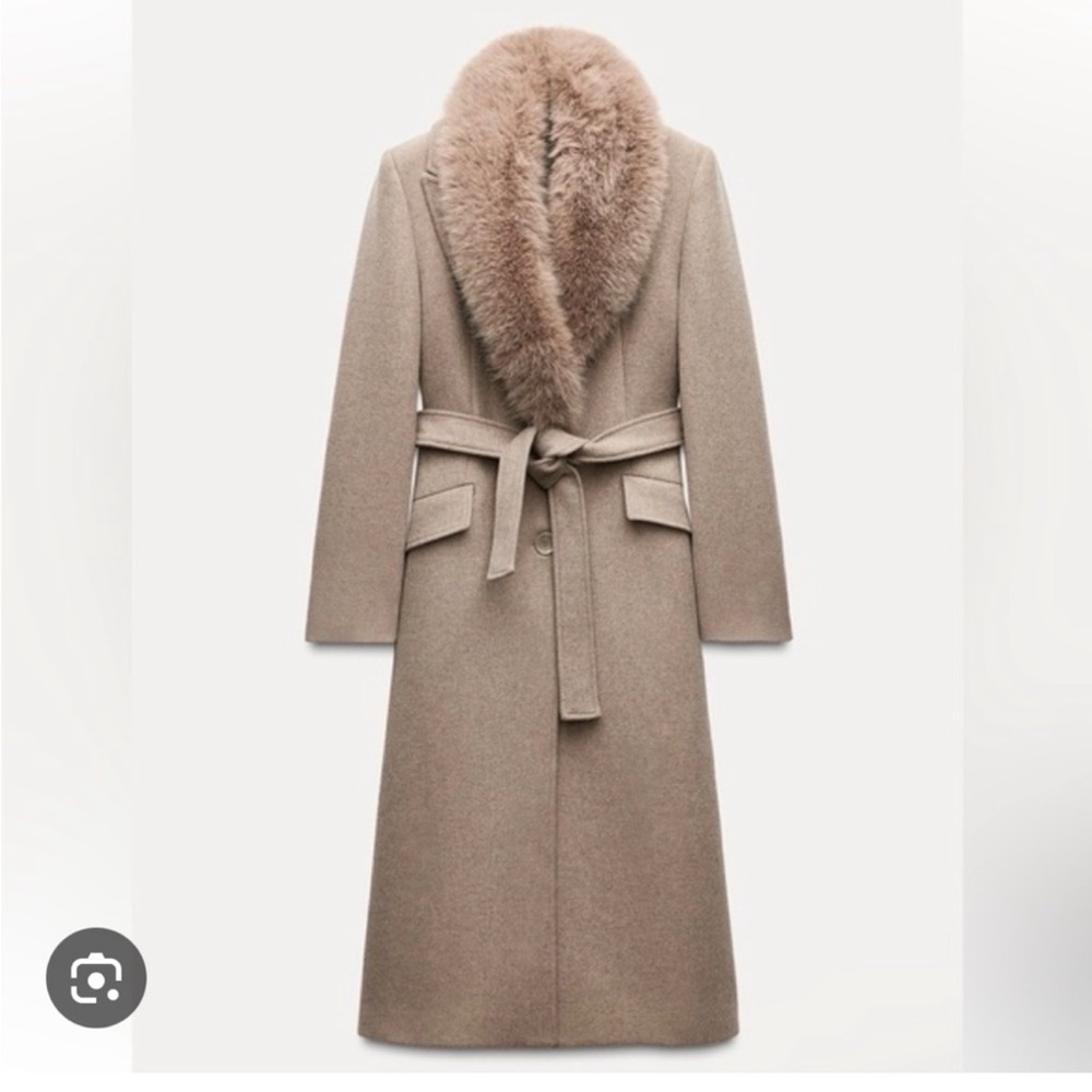 Zara Long Wool Belted Coat with Plush Faux Fur Collar - Taupe